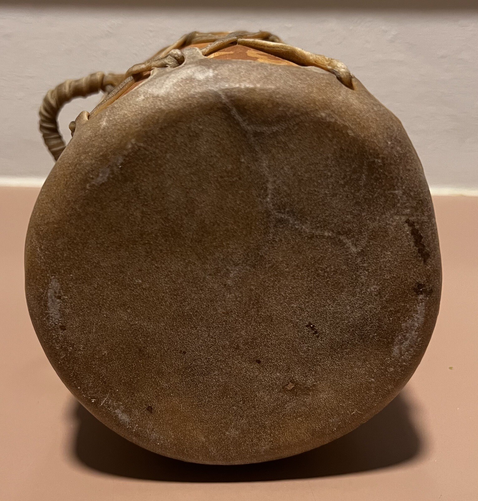Rustic Native American Rawhide Log Drum 7 high x 5 Wide Preowned G2U