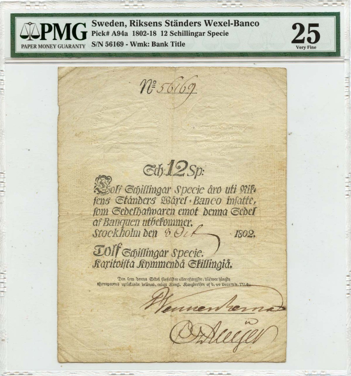 1802-18 12 Schillingar Specie Sweden, Riksens Standers Wexel-Banco PMG VF25