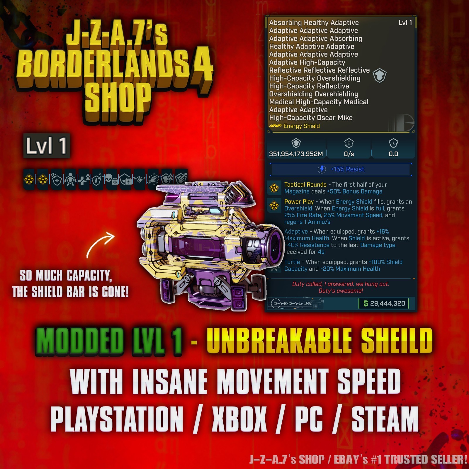 Borderlands 4✨ MODDED LEVEL ONE UNBREAKABLE GOD SHIELD LVL 1 BL4✅PC-PS-XBOX✨
