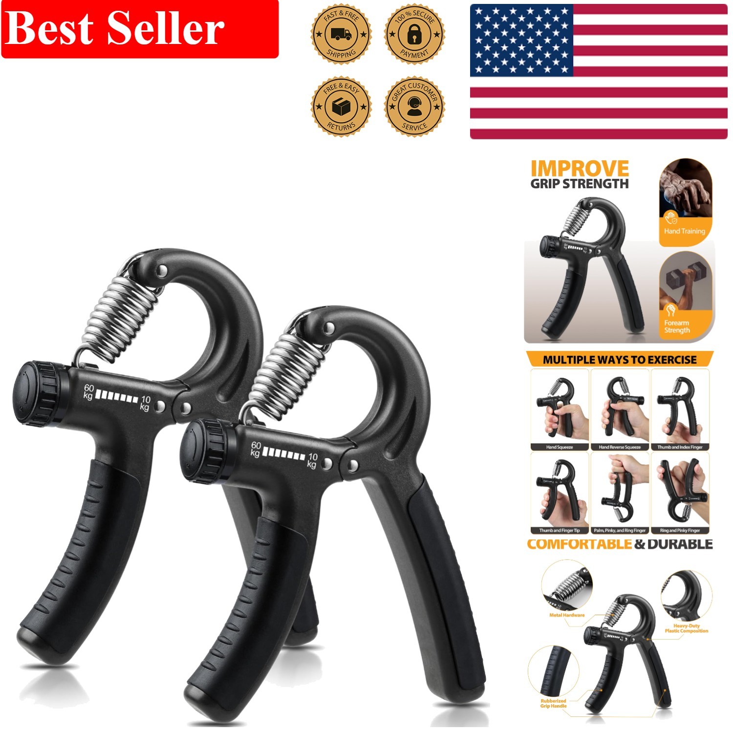 Reinforced Hand Grip Strengthener, 2 Pack Adjustable 22-132 lbs, Portable Design