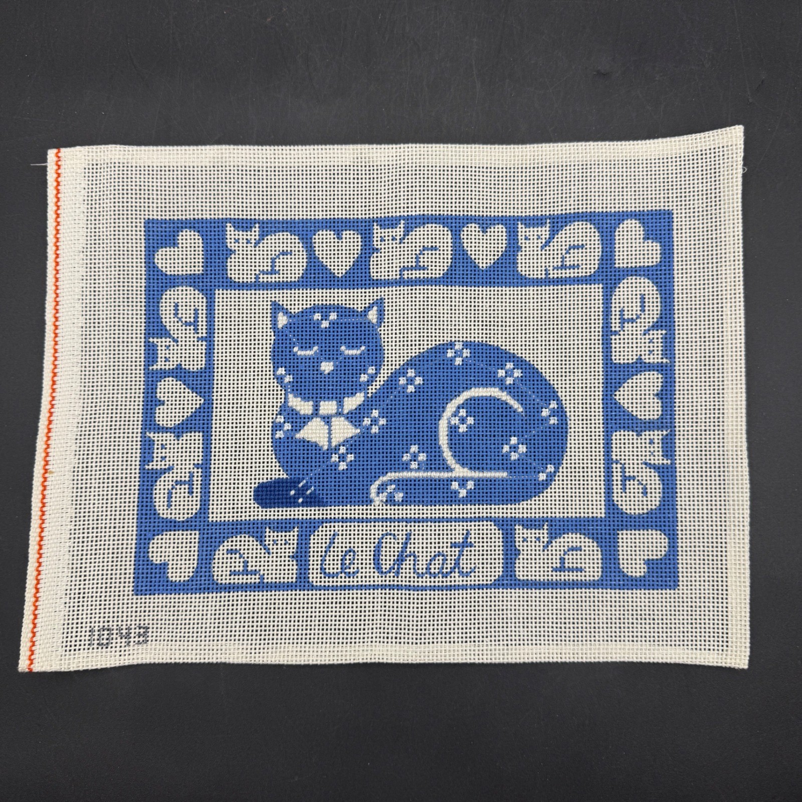 Vintage Le Chat Alice Peterson Blue Cat Needlepoint Canvas Art Blue White Hearts