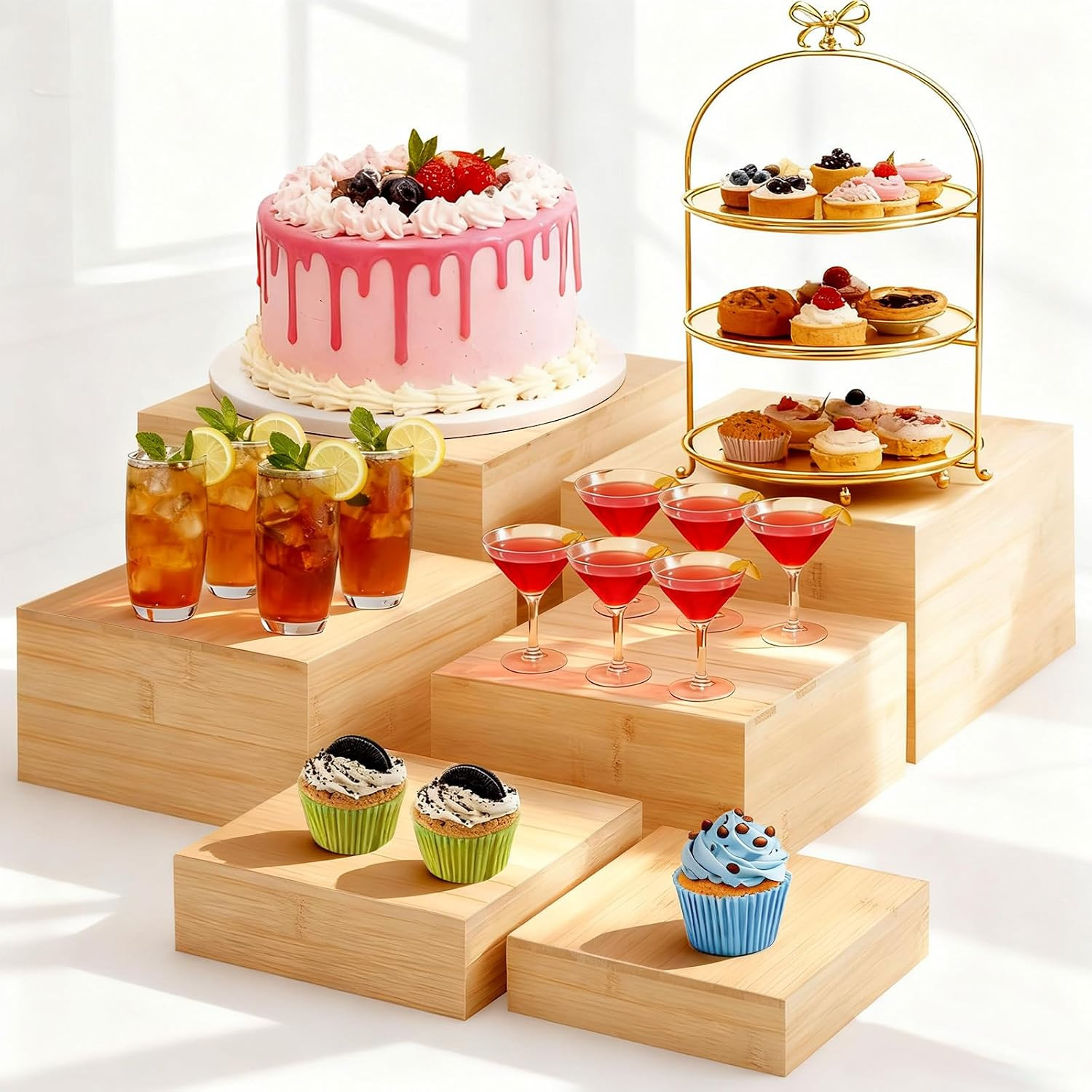 6 Pcs Bamboo Buffet Risers, 7.9'' 6.5'' 5.9'' 4.9'' 4'' 3'', Large Food Risers f