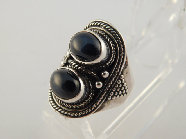 ONYX STERLING DOUBLE CABOCHON BEADED RING SZ 9.25 SILVER 925