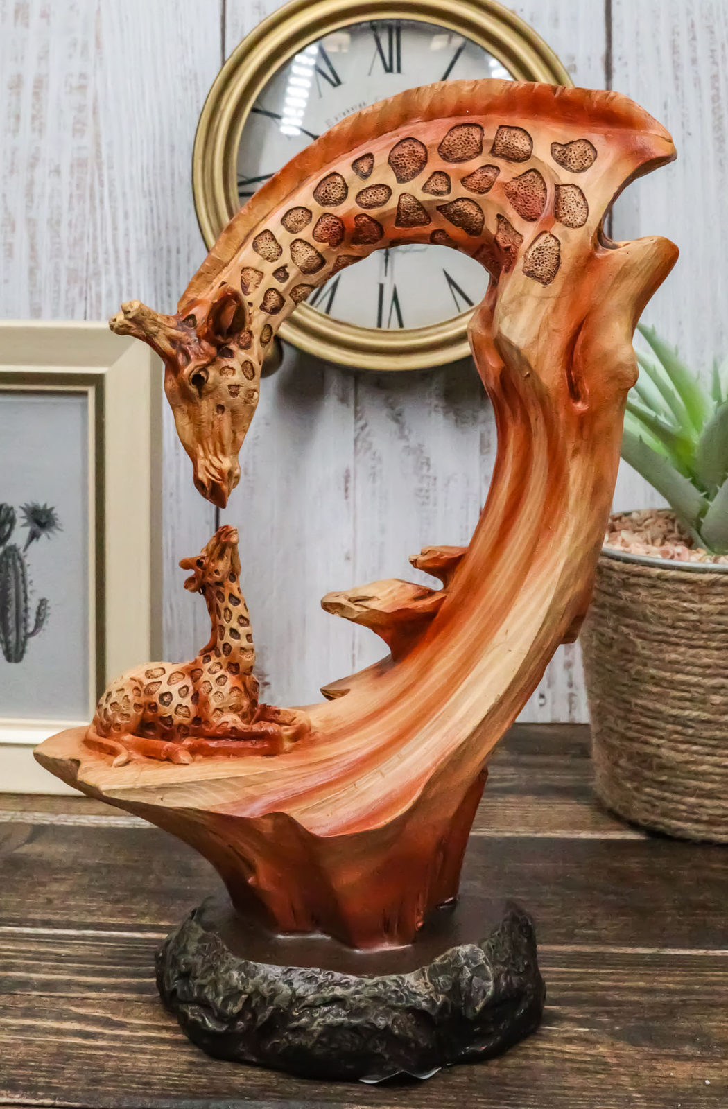 Ebros 9.5"H Wildlife Safari Giraffe Family Scene Decorative Faux Wood Figurine