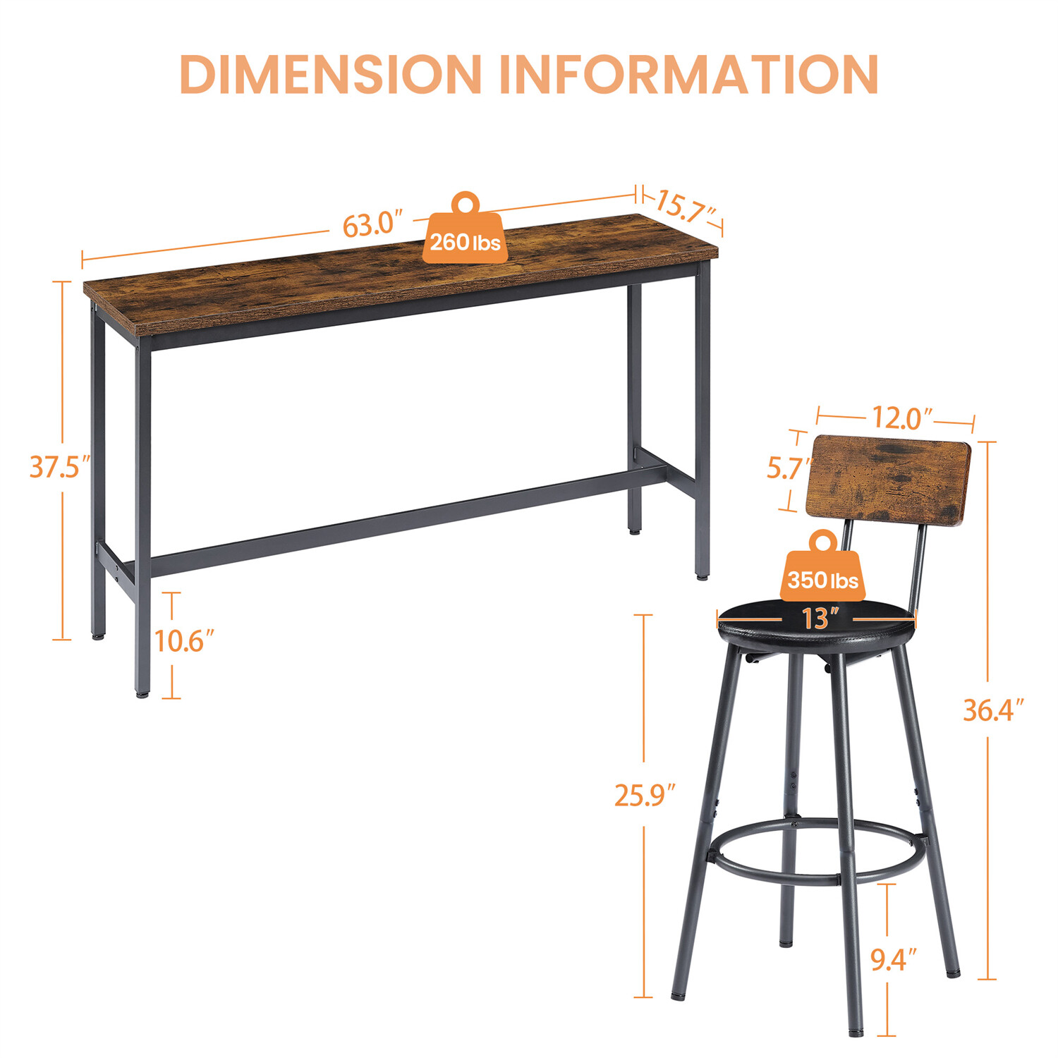 4 Piece Bar Table Set Counter Height Kitchen Pub Table w/ 3 Bar Stools Brown US