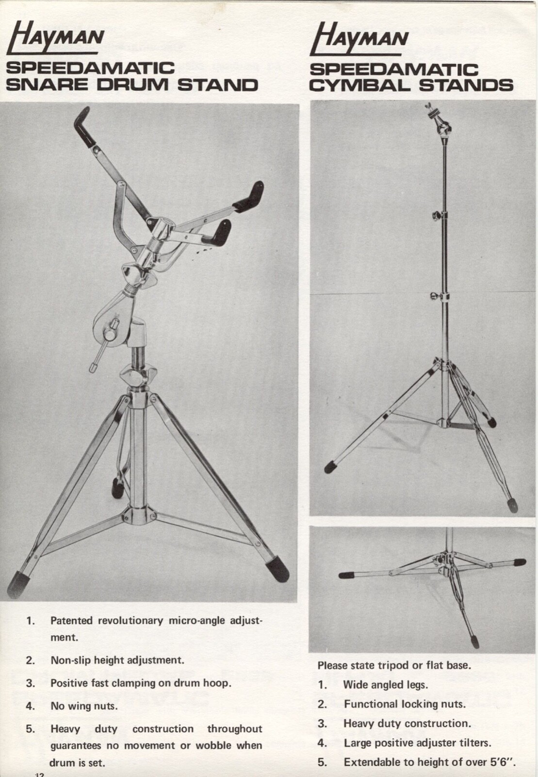 HAYMAN - Vtg SPEEDAMATIC - 70's UK Snare Drum Stand Tripod Base
