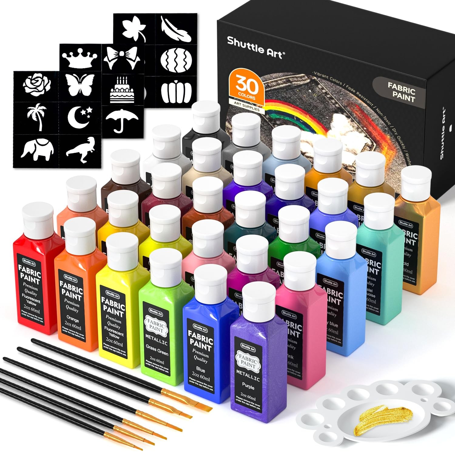 Fabric Paint, Shuttle Art 30 Colors Permanent Soft Fabric Paint in Bottles 60...