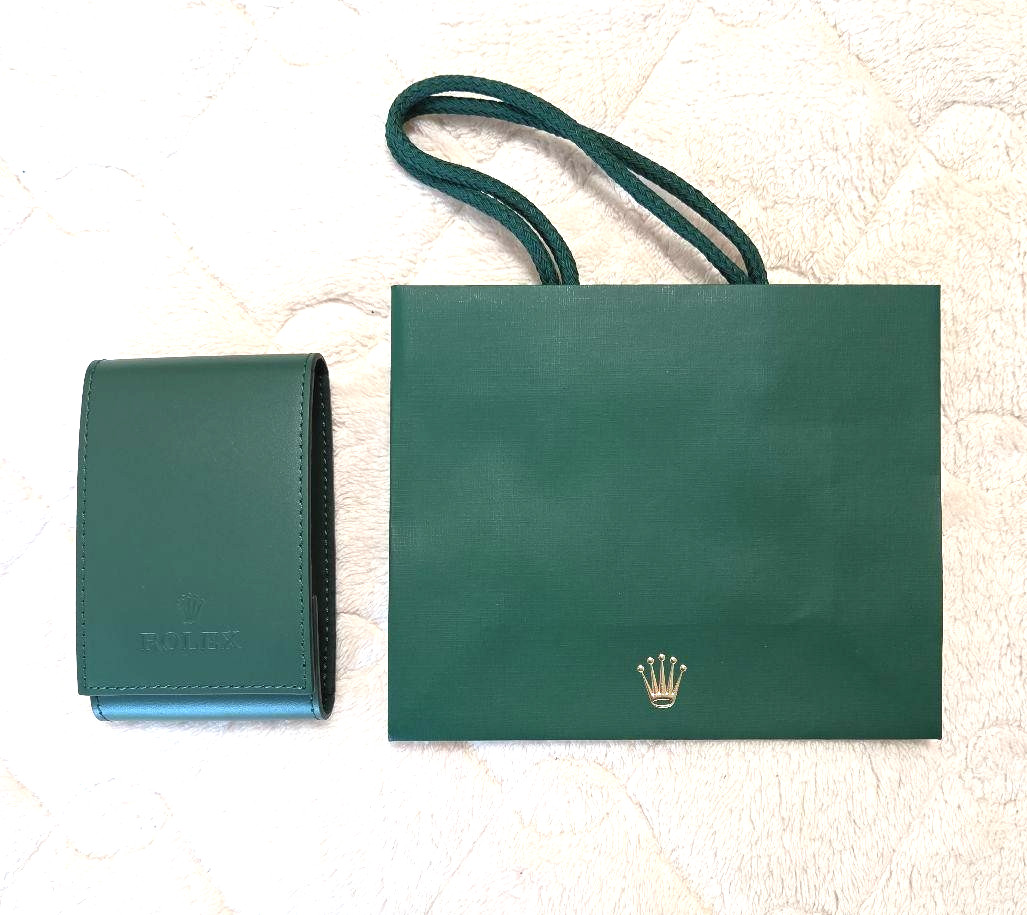 ROLEX Watch Travel Case Green Leather Pouch w/ Rolex Shopping Bag Set Authentic