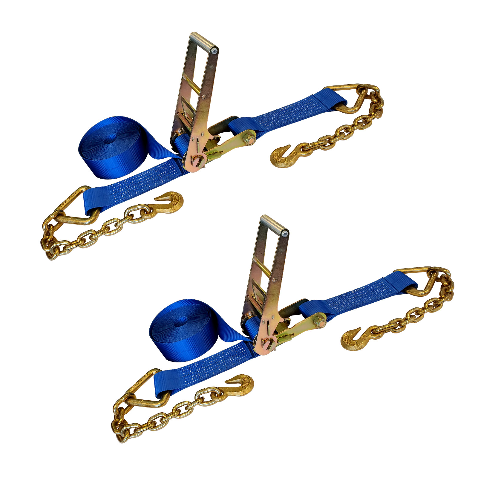 2 Pack USA 3" x 30' Ratchet Strap W/ Chain Extension Flatbed Truck Tie Down Blue