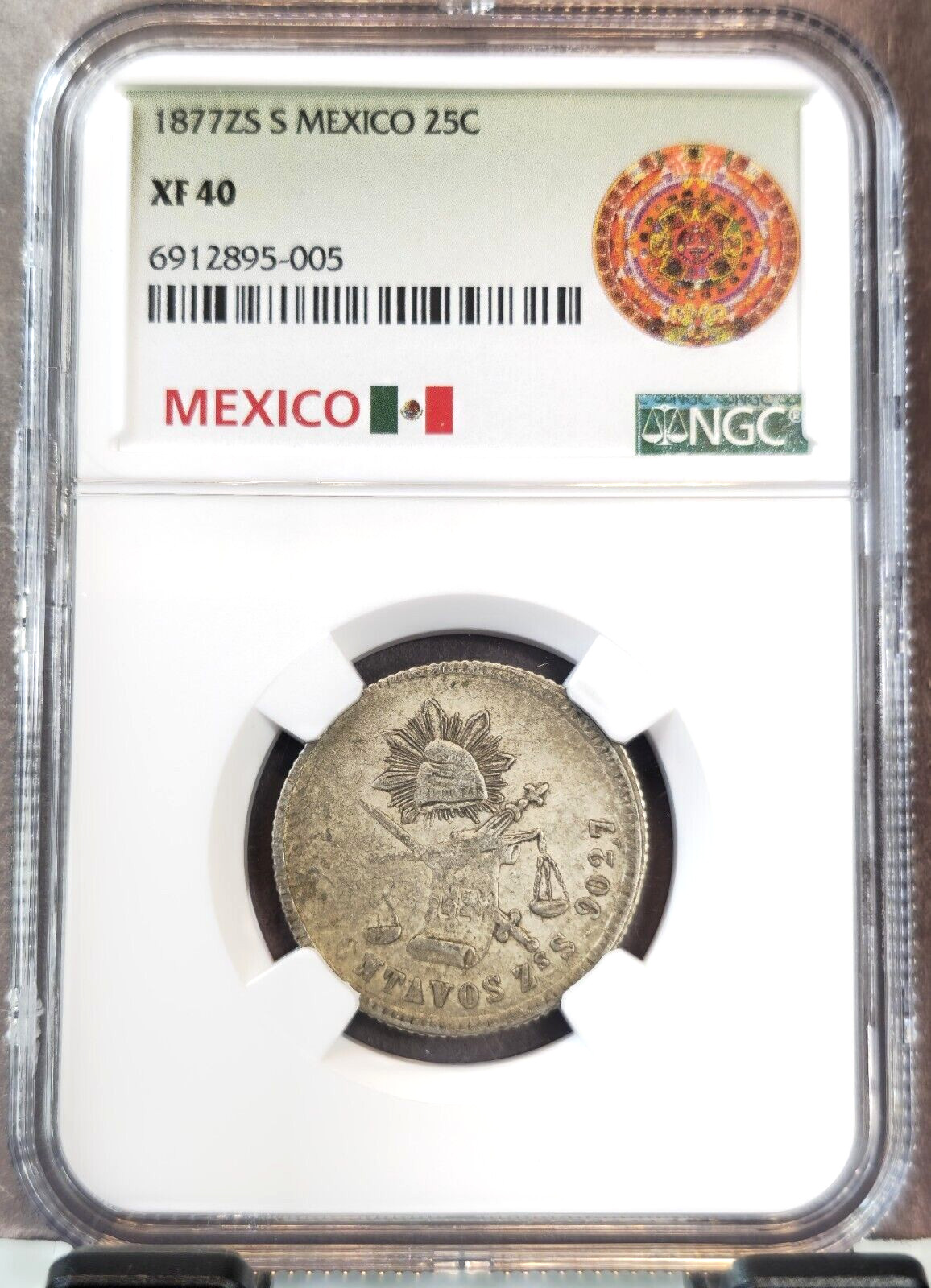 1877 Zs S MEXICO SILVER 25 CENTAVOS BALANCE SCALES NGC XF 40 SCARCE NICE COIN
