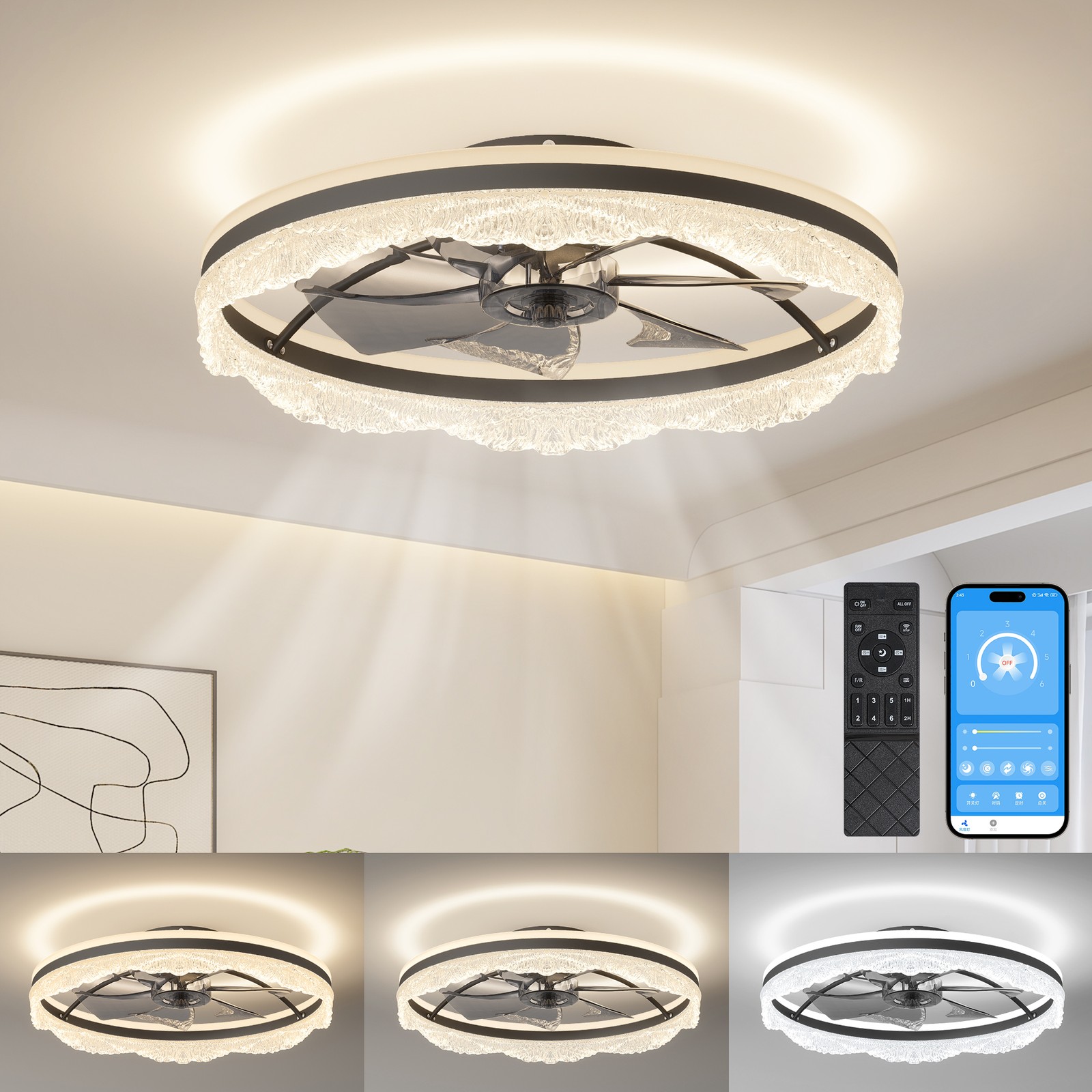 24" Flush Mount Modern Ceiling Fan Light LED Dimmable Lamp Fixture Kit w Remote