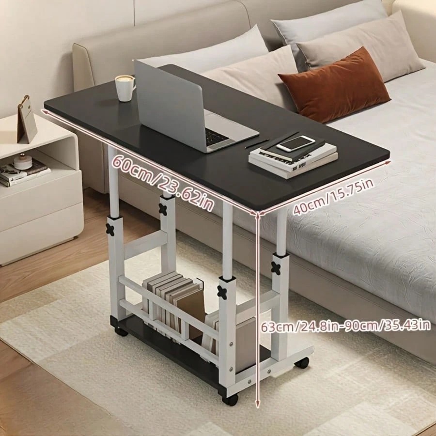 Adjustable Height Rolling Desk with Storage Shelves Mobile Laptop Stand Black