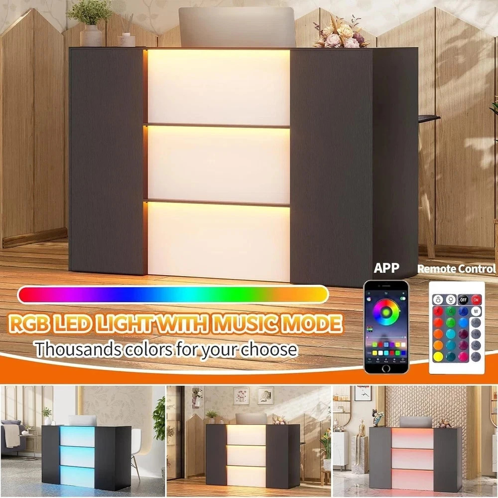 Modern Reception Desk with LED Lights 63 Inches Front Counter Table with Drawer