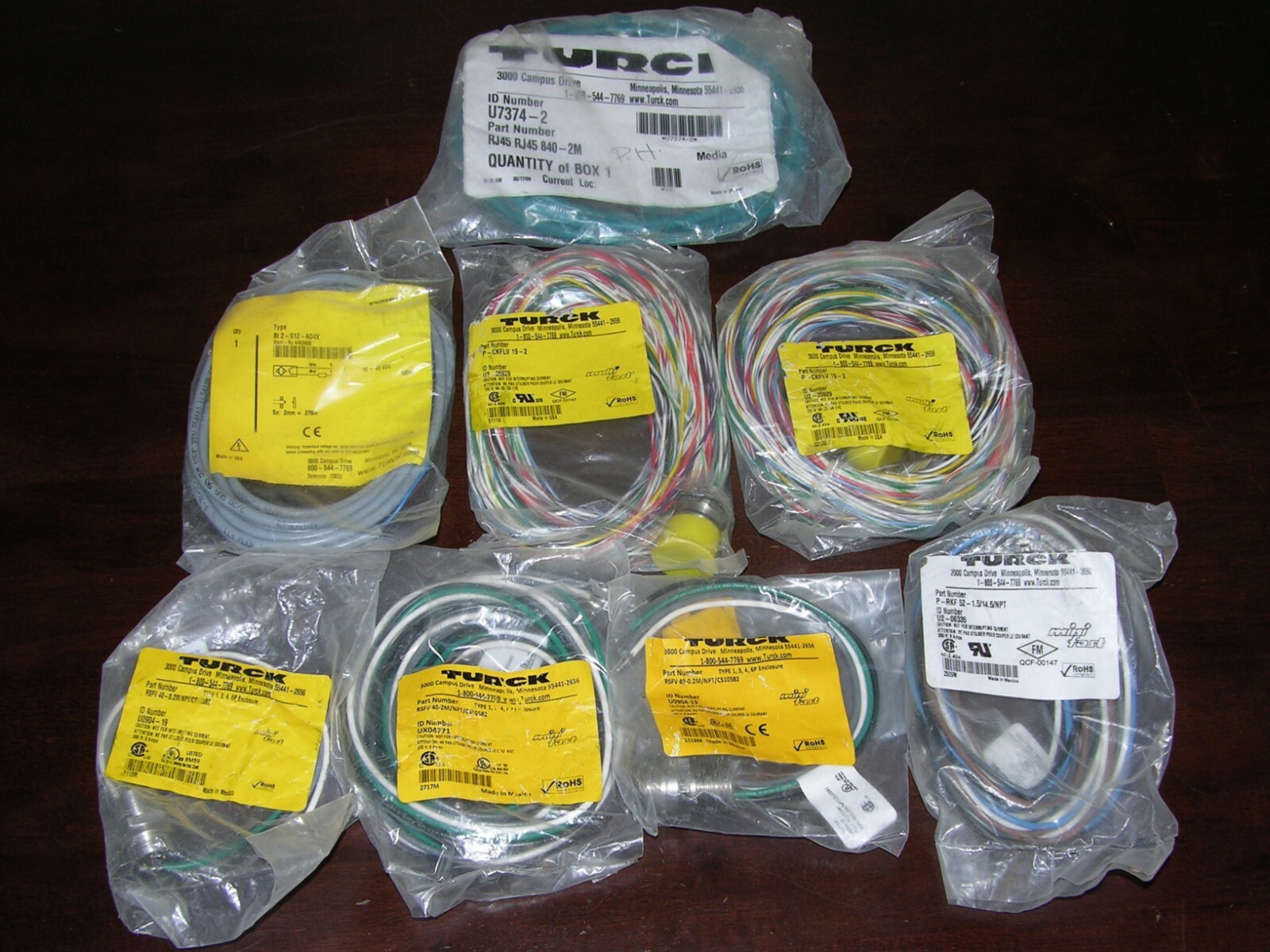 (NEW) LOT OF 8 TURCK ELECTRICAL CABLES, PLUGS AND SENSORS