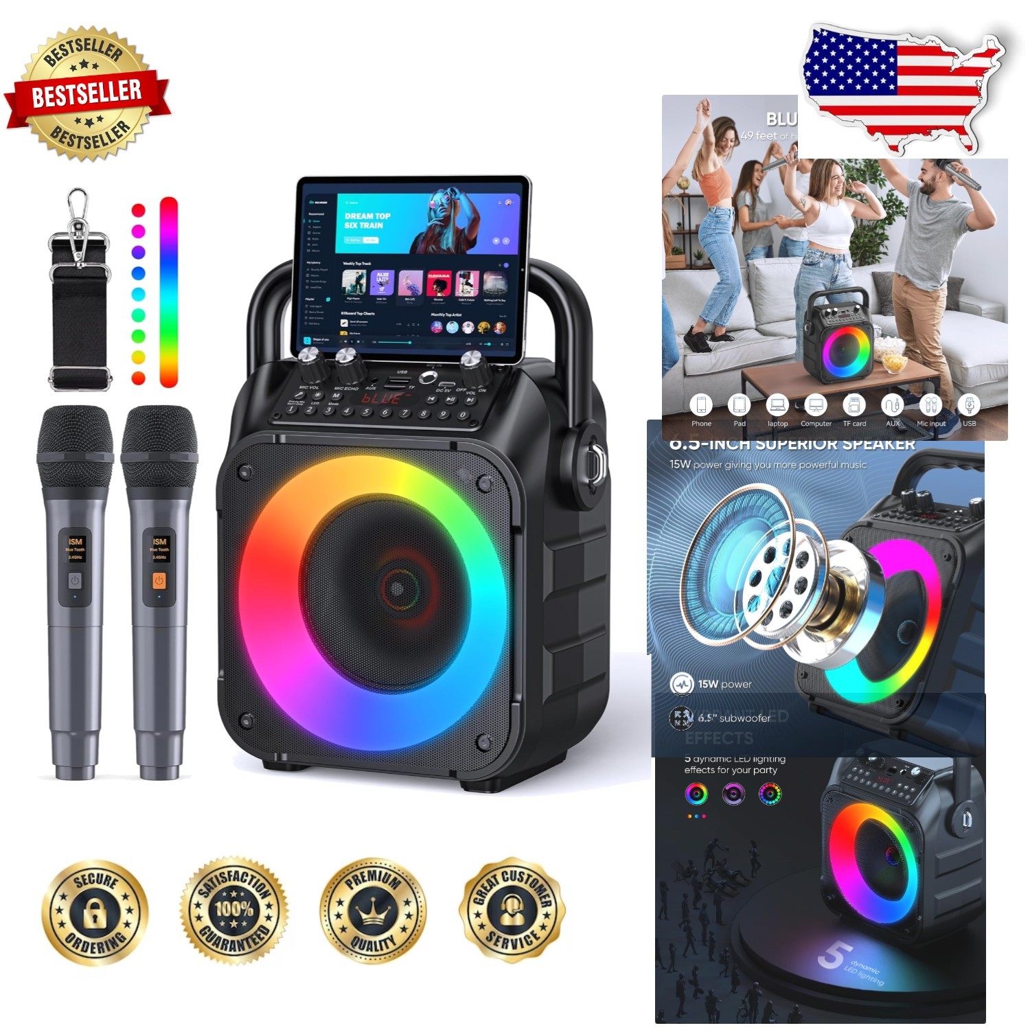 Portable Karaoke Machine 2 Mics Bluetooth 15W Stereo Speaker Light Show