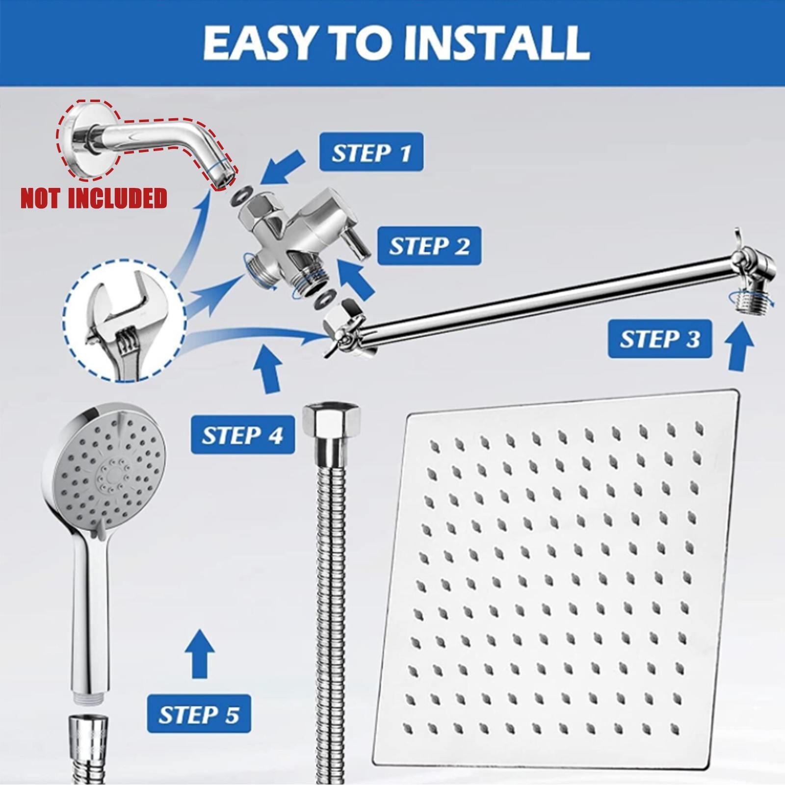 Chrome Rain Shower Head High Pressure Handheld Spray Combo with Adjustable Arm