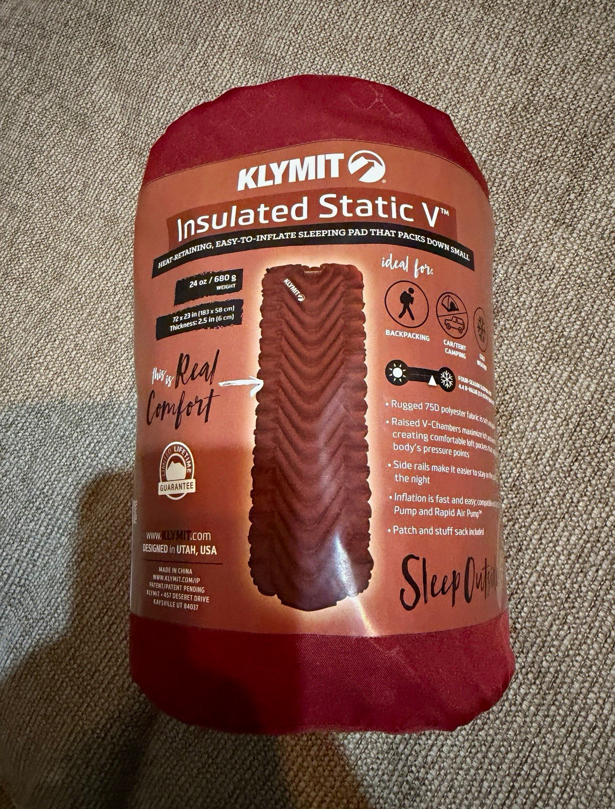 Klymit Insulated Static V Air Pad Single Red 72 x 23 in Sleeping Pad