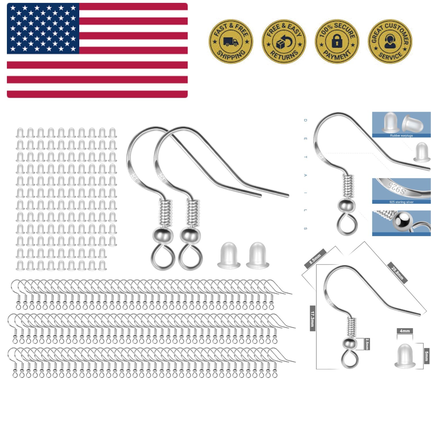 925 Sterling Silver Earring Hooks 120 PCS/60 Pairs, Ear Wires Fish Hooks, Hyp...