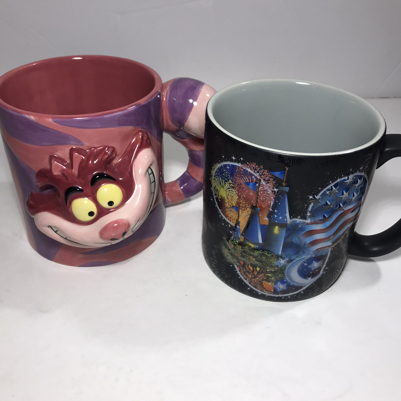 Walt Disney World 2 Mugs Mickey 3D Castle Cheshire Cat Alice In Wonderland