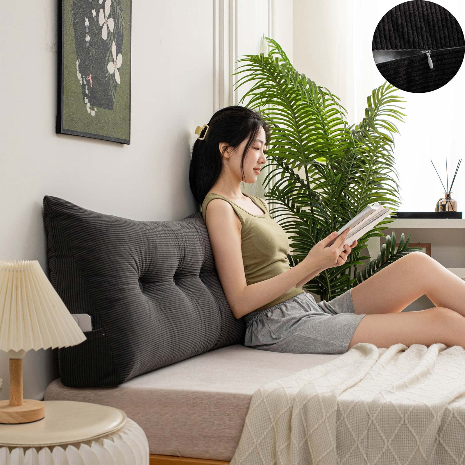 Triangular Headboard Pillows w/Side Pocket Corduroy Wedge Reading Pillow for Bed