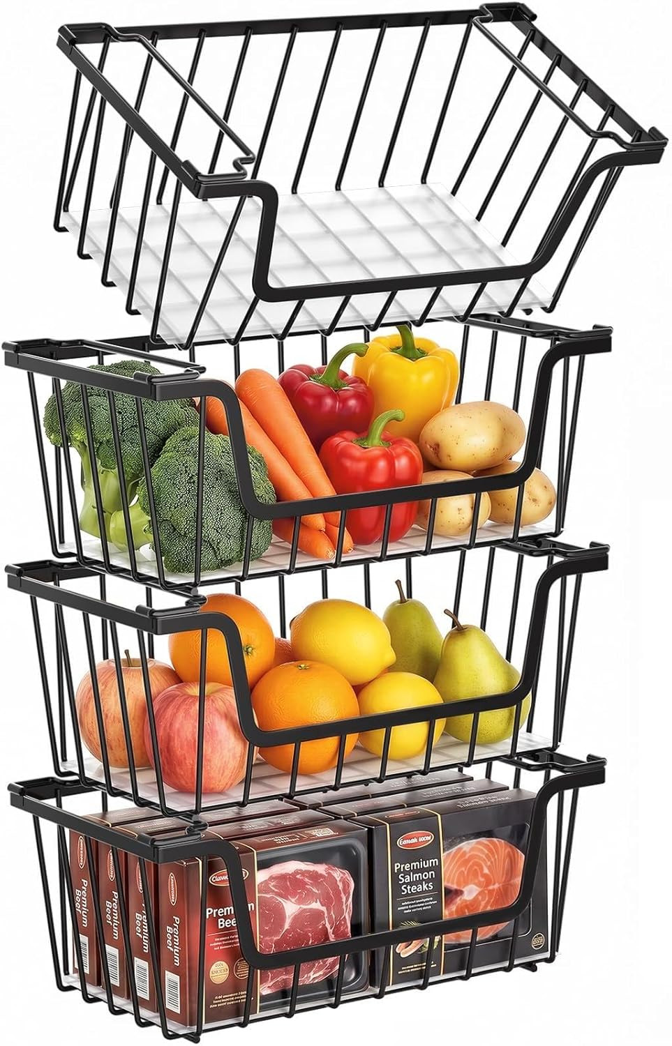 SUNALLY Stackable Storage Bins 4 Pcs Wire Baskets for Pantry Organizers and Stor