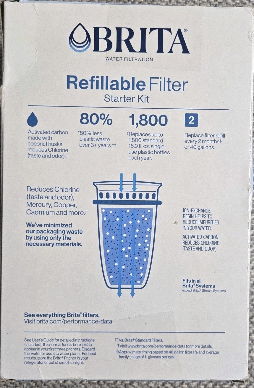 Brita Refillable Water Filtration Starter Kit 1 Reusable Filter Shell 3 Refills