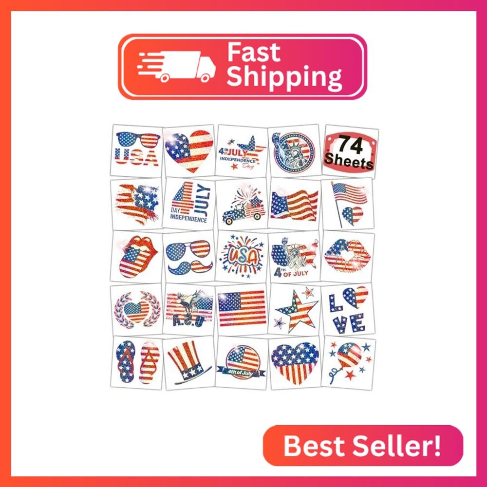CHARLENT Glitter 4th of July Temporary Tattoos - 74 Individually Sheets