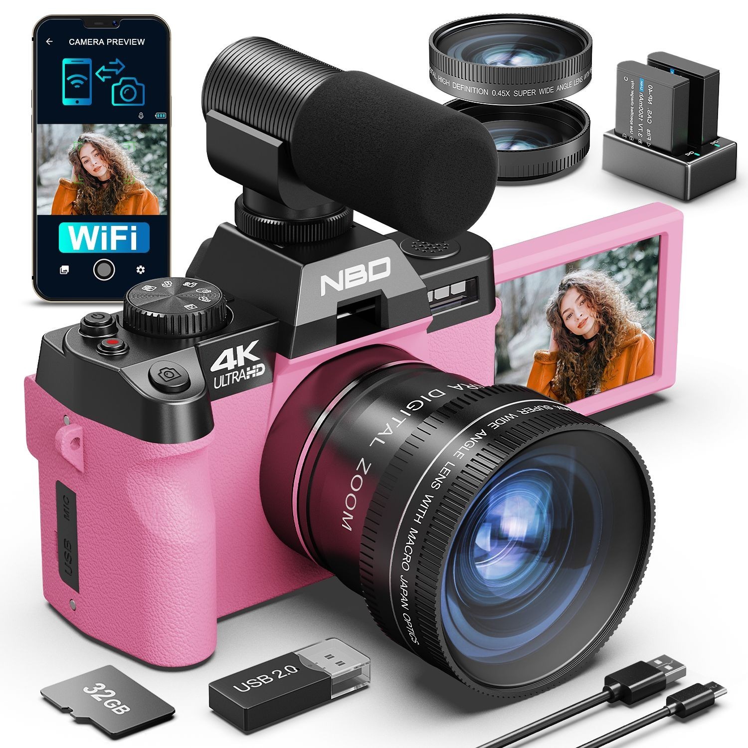 NBD 48MP 4K Digital Camera 16X 3'' Autofocus Video Camera Vlogging WiFi 32GB TF