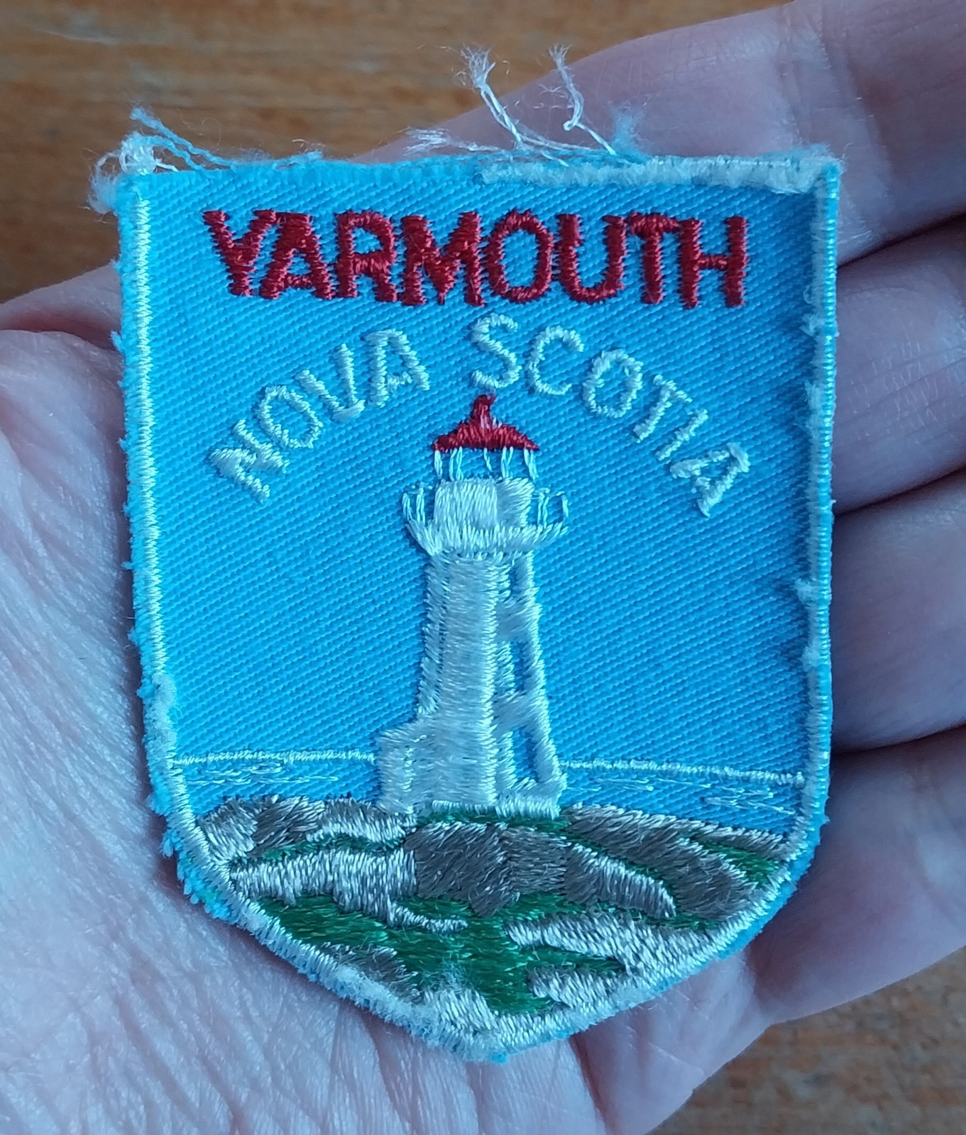 Vintage Embroidered TRAVEL Patch ~ YARMOUTH NOVA SCOTIA Souvenir LIGHTHOUSE 70s