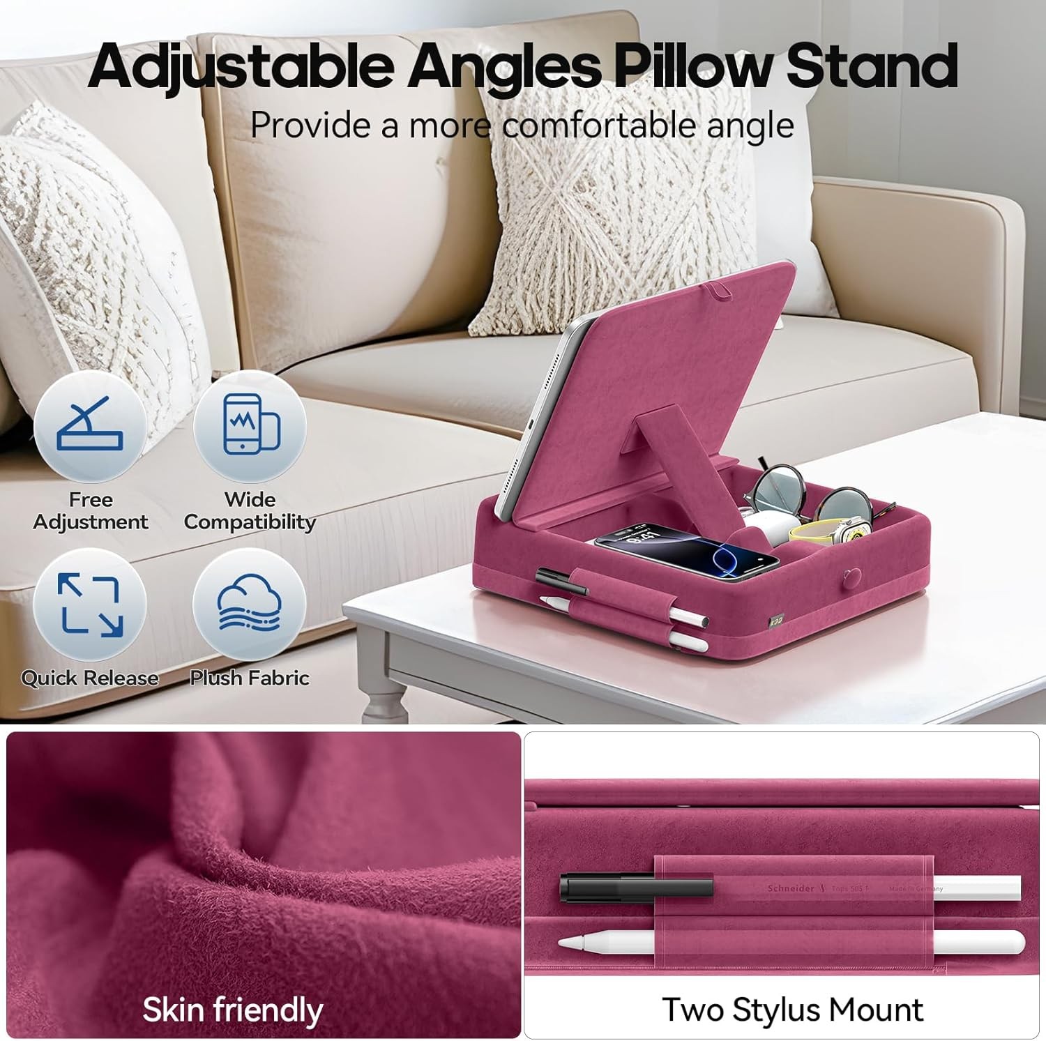 Tablet Pillow Stand W/ Storage Foldable iPad Holder Lap Desk & Bed Angle