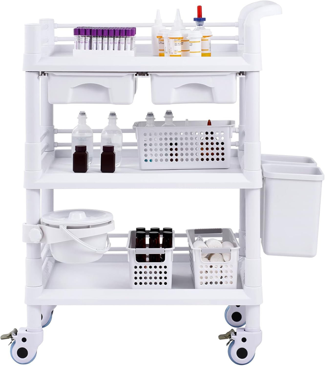 Medical Mobile Trolley Cart with 2 Drawers & 3 Trash Cans, 3 Tiers Beauty Salon