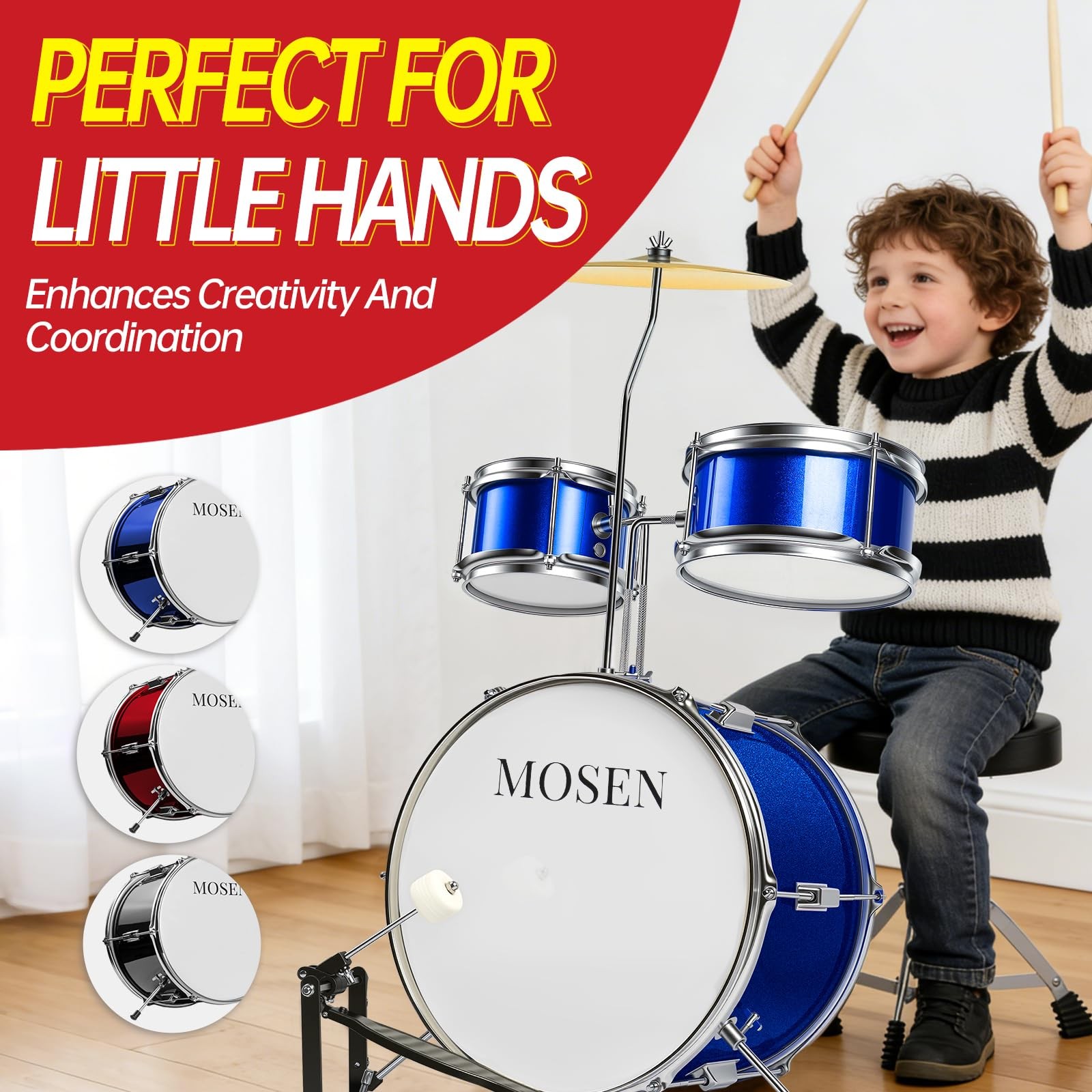 MOSEN Drum Set 3-Piece Beginner Junior Kit with Adjustable Blue