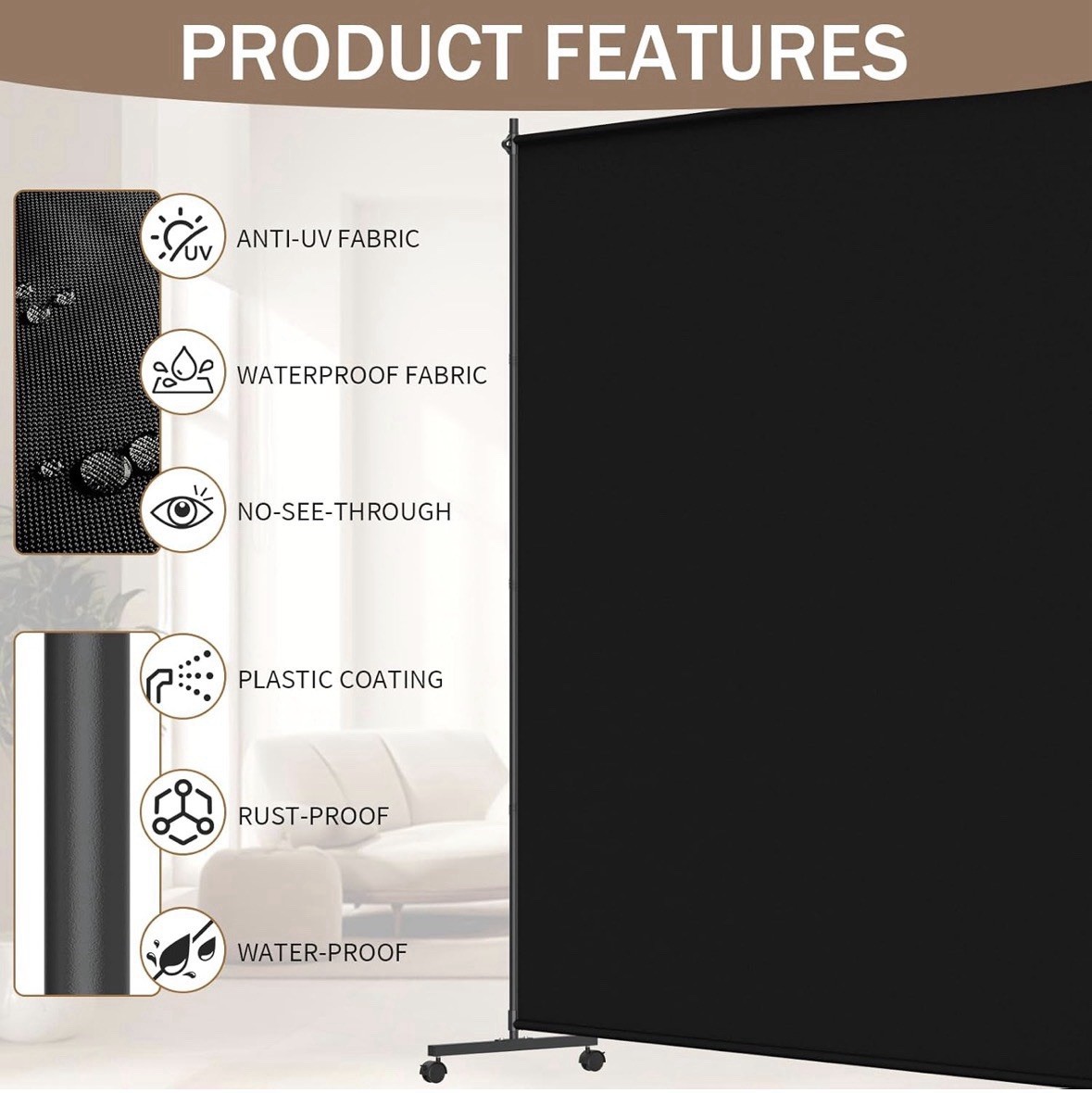 Single panel Black Room Divider With Wheels
