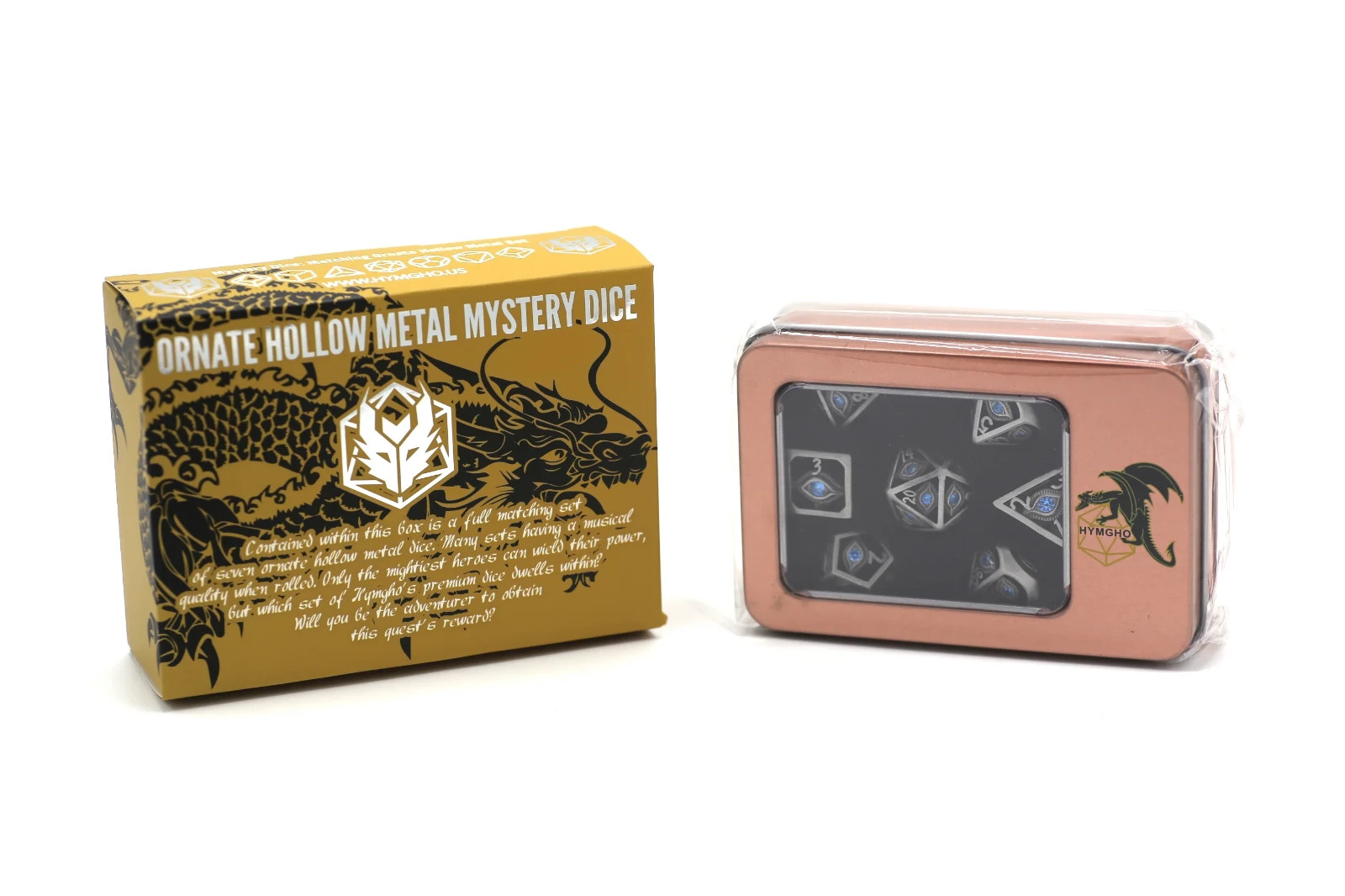 HYMGHO Mystery Set of 7 Matching Ornate Hollow Metal Polyhedral Dice RPG HY00156