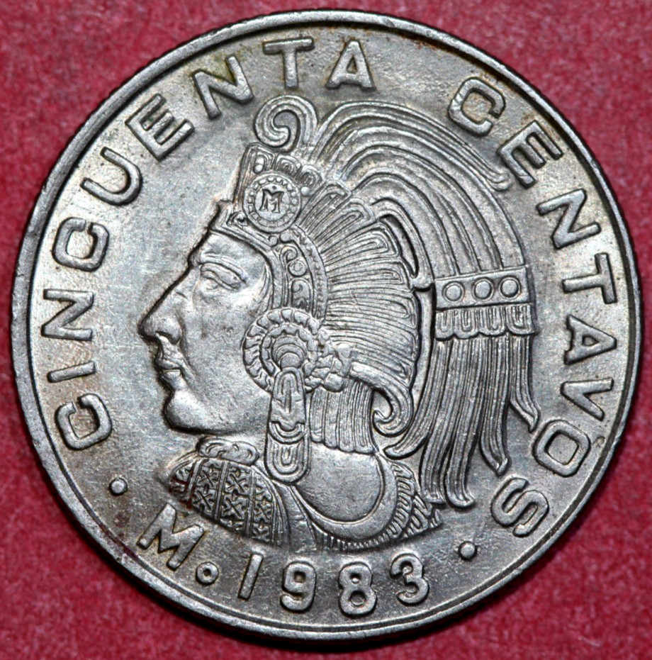 Mexico 1983 50 centavos, Aztec King Cuauhtemoc of Tenochtitlan-Foreign Coin 25mm