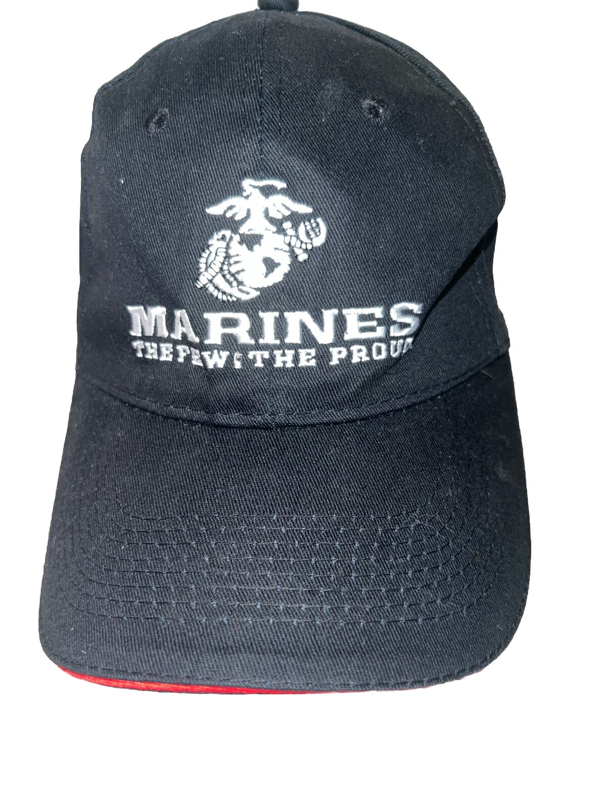 Marines w Logo The Few. The Proud in White on Black Hat Cap w Red Bill Edge