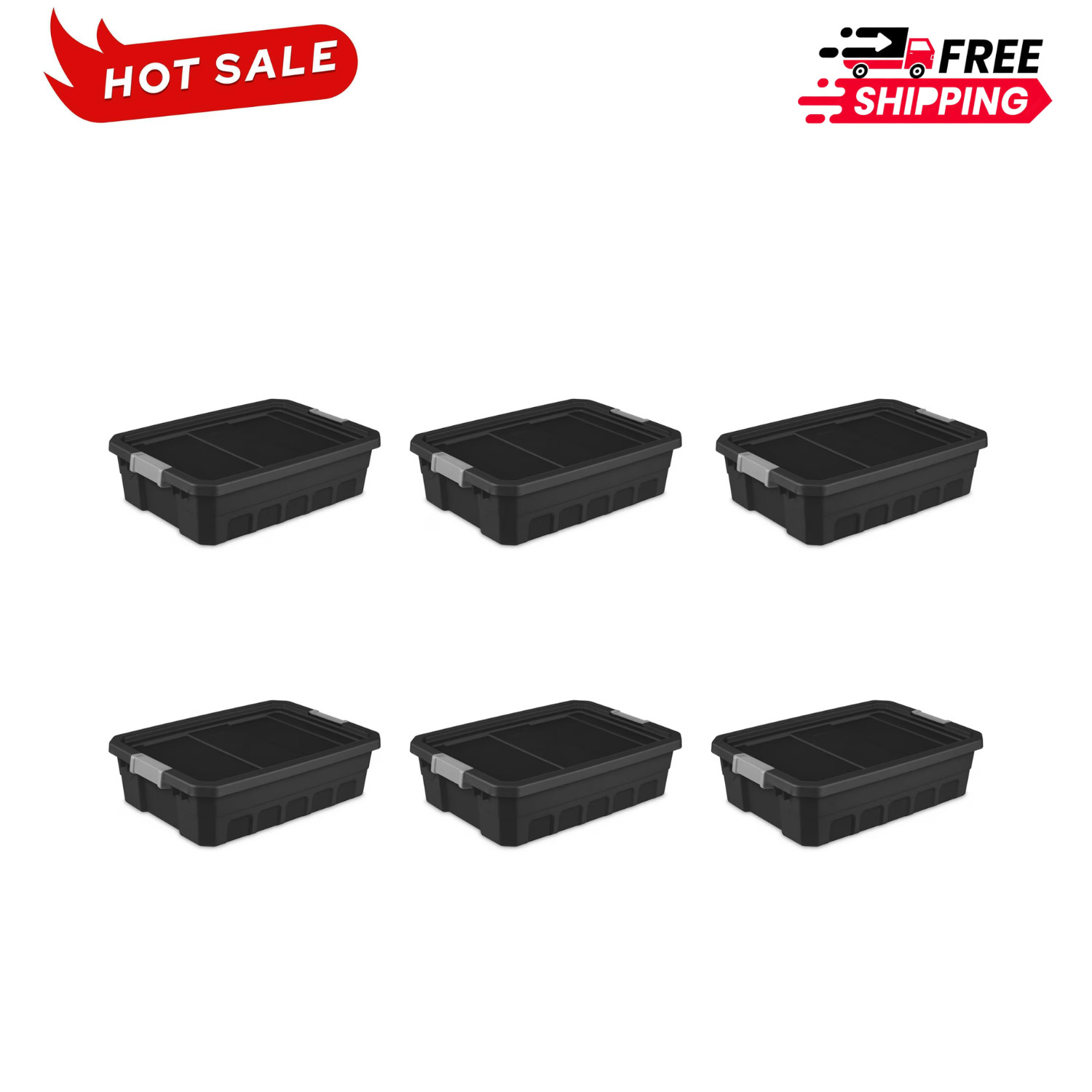 6 Pack Sterilite 10 Gallon Stacker Tote Storage Bins Black with Lids