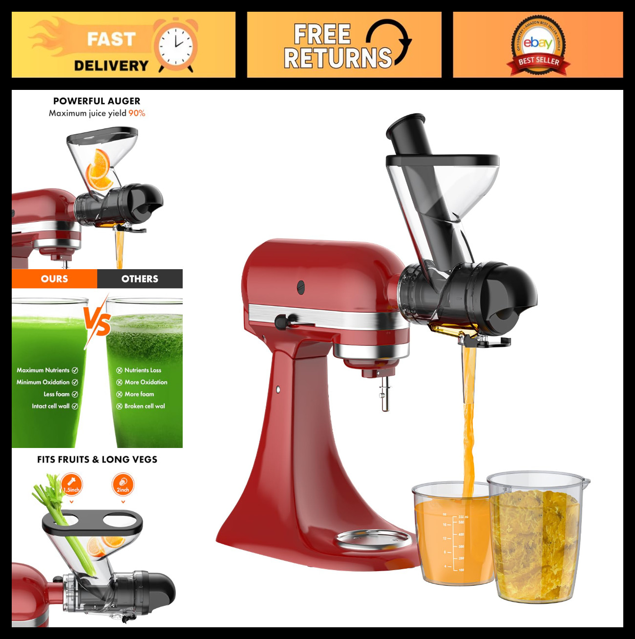 Masticating Juicer Attachment for KitchenAid Mixer, Cold Press Slow Juicer, Dual