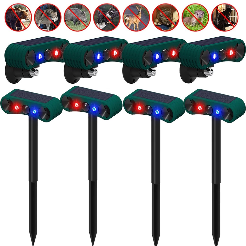 4pcs Solar Outdoor Motion Sensor Alarm 2*130db Ultrasonic Siren 4 Modes Flashing
