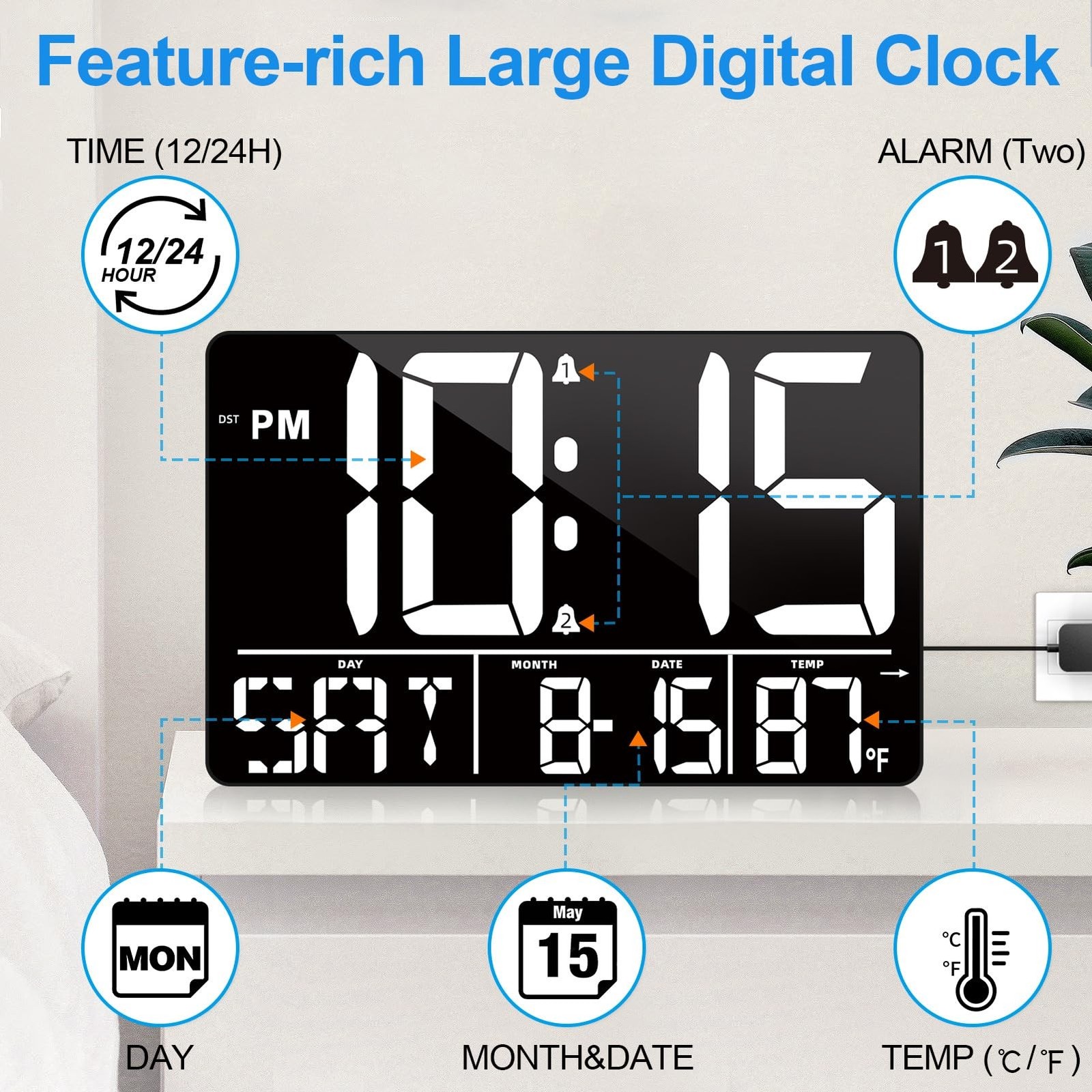 13" Digital Wall Clock Large Display with Remote, 25 Ringtones, Temperature, ...