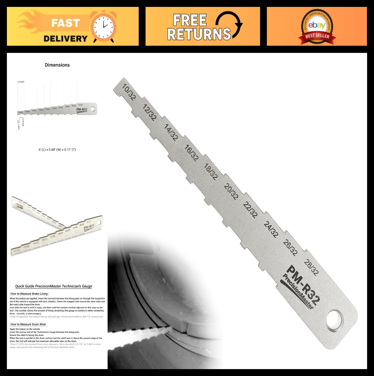 Brake Pad Thickness Gauge Tool - 2-in-1 Brake Lining & Drum Wear Measurement, St