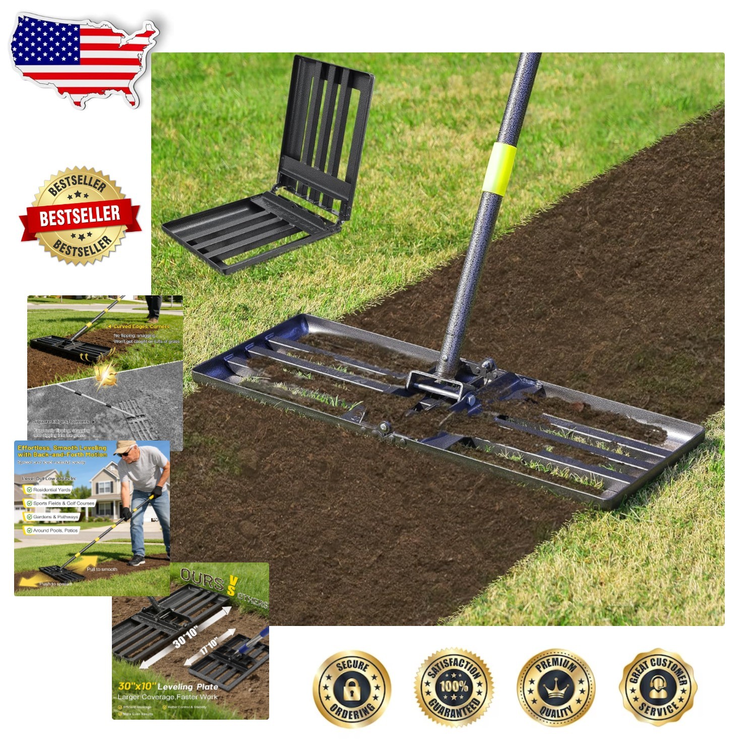 Professional Yard Level Tool, 30"x10" Large Ground Plate, 72" Extendable Handle