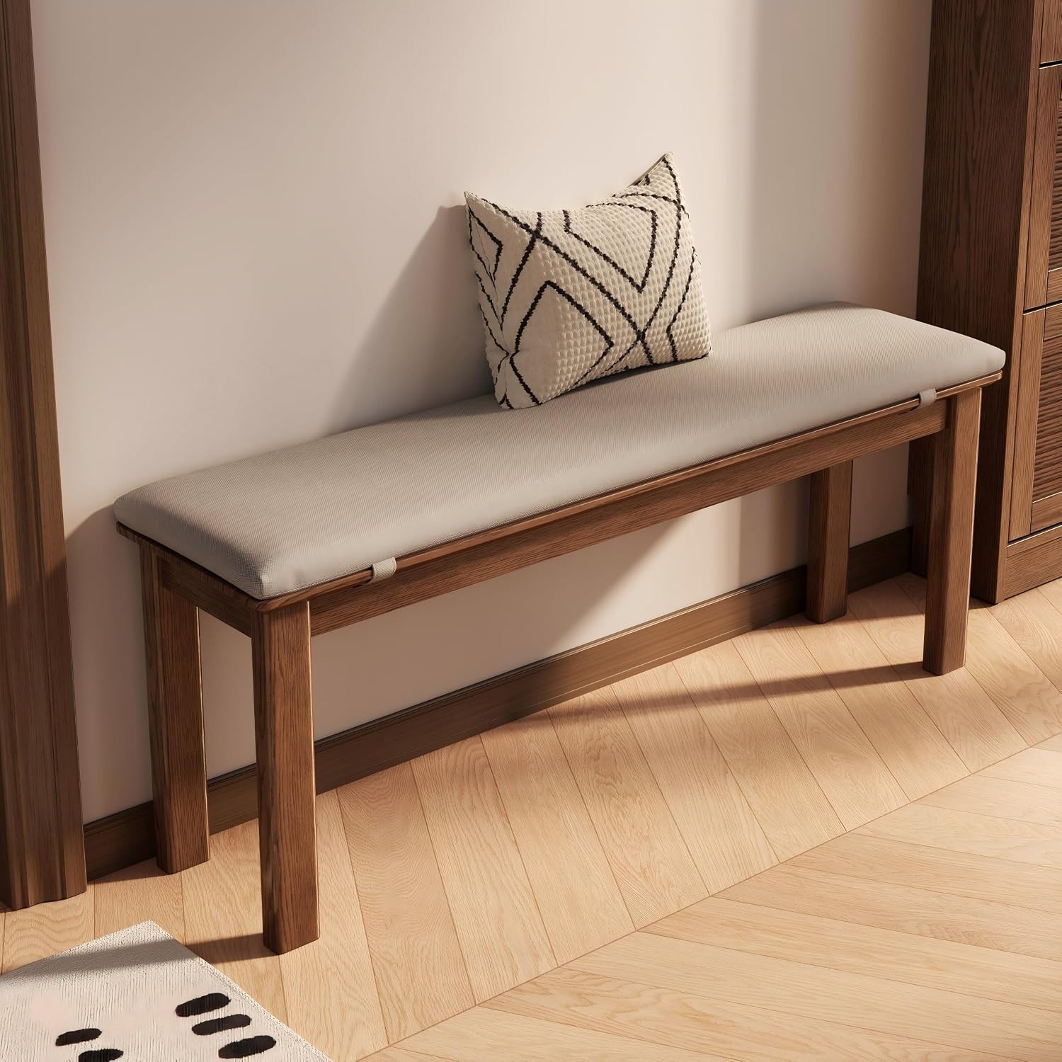 47.2" Solid Wood Dining Bench W/ Removable Cushion Mid-Century Modern Entryway