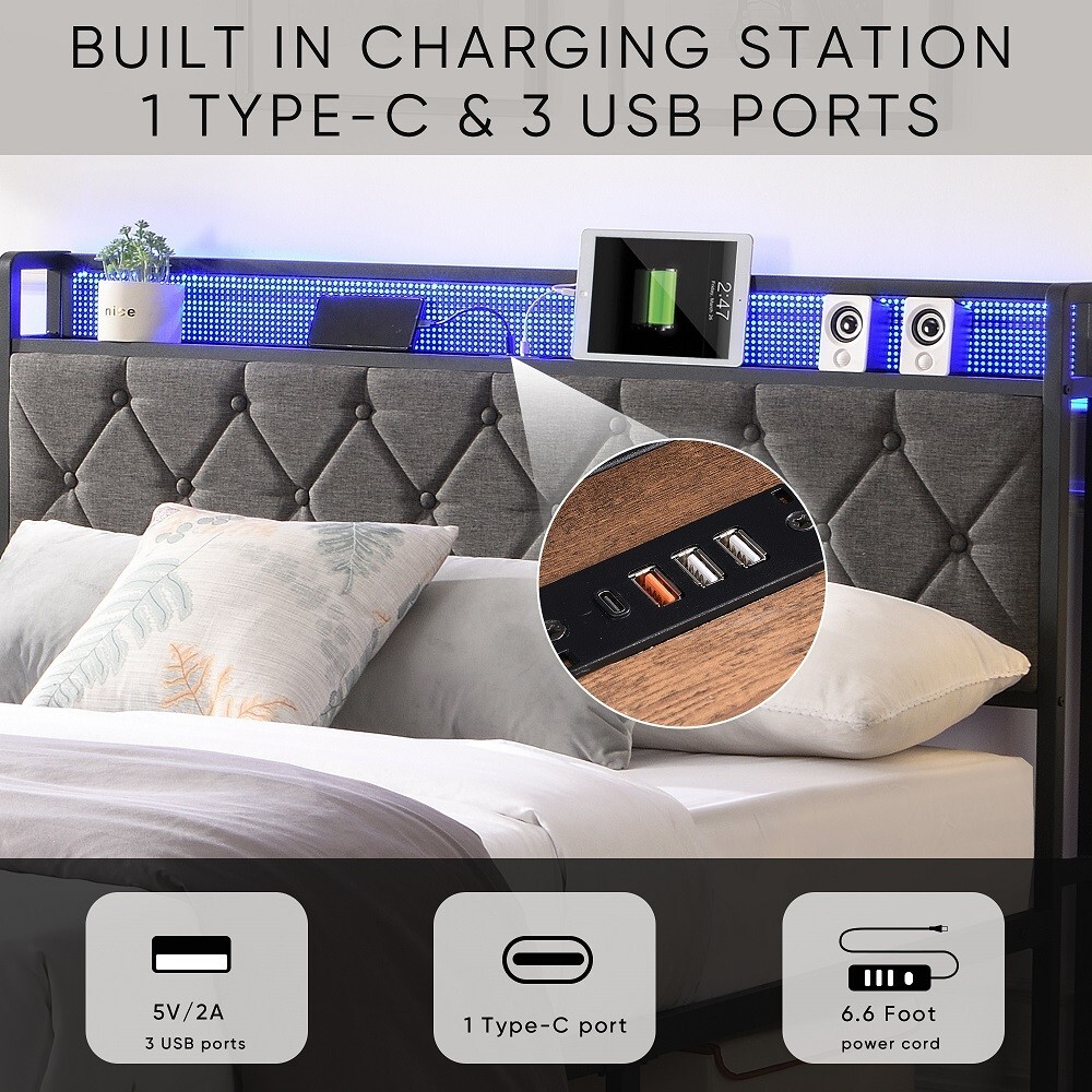 Full Size Bed Frame w/ LED Headboard, Storage & Platform, Outlet, USB Ports