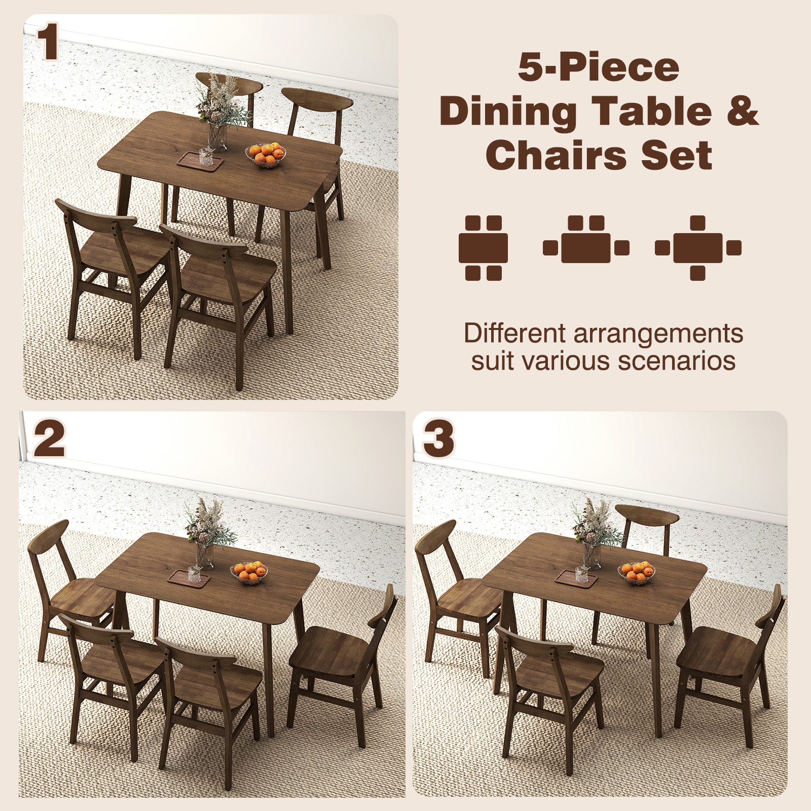 5PCS Solid Wood Dining Table Set, Mid Century Kitchen Table and Chairs Set for 4