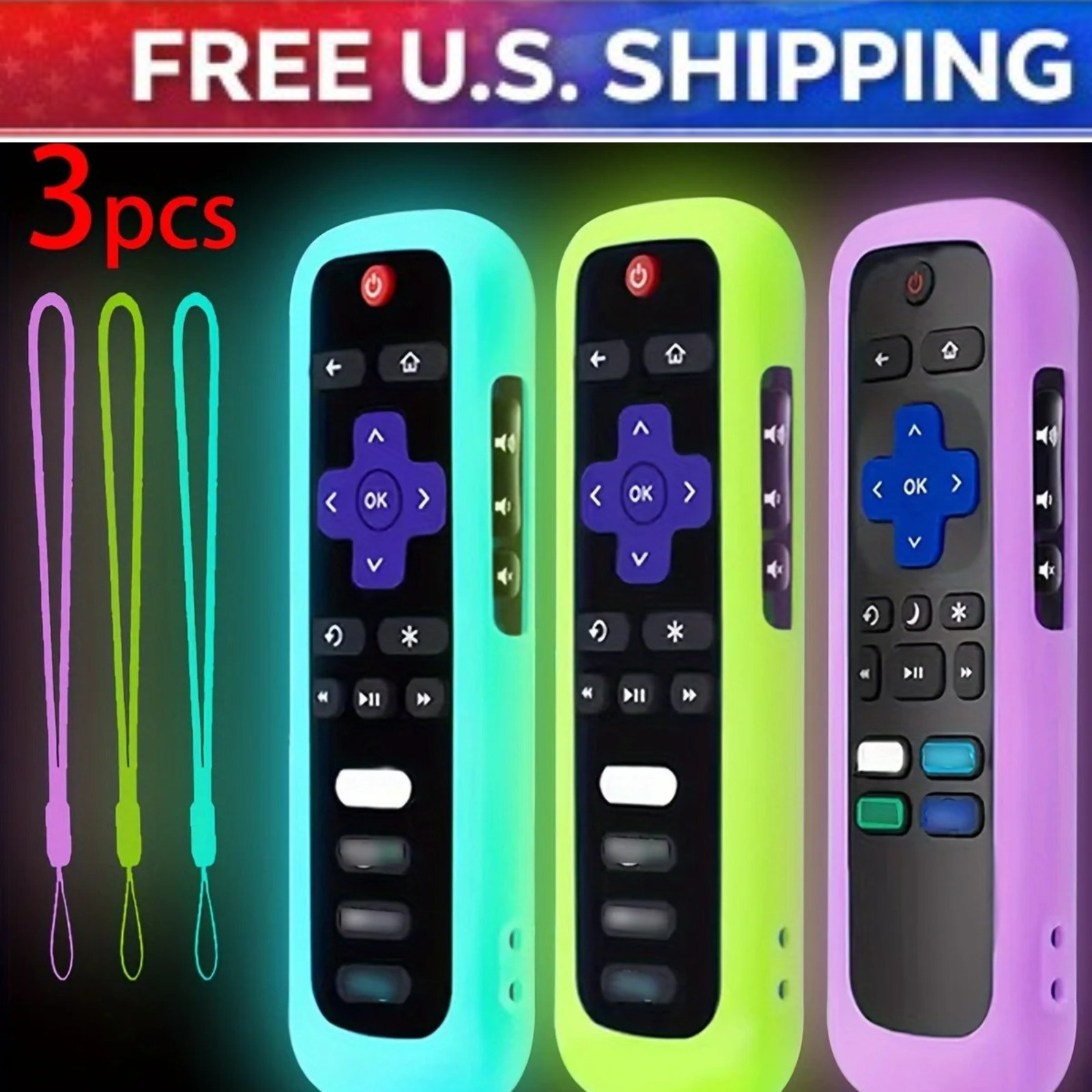 1P Silicone Remote Control Cover For Roku Glow-In-The-Dark TV Remote Holder Case