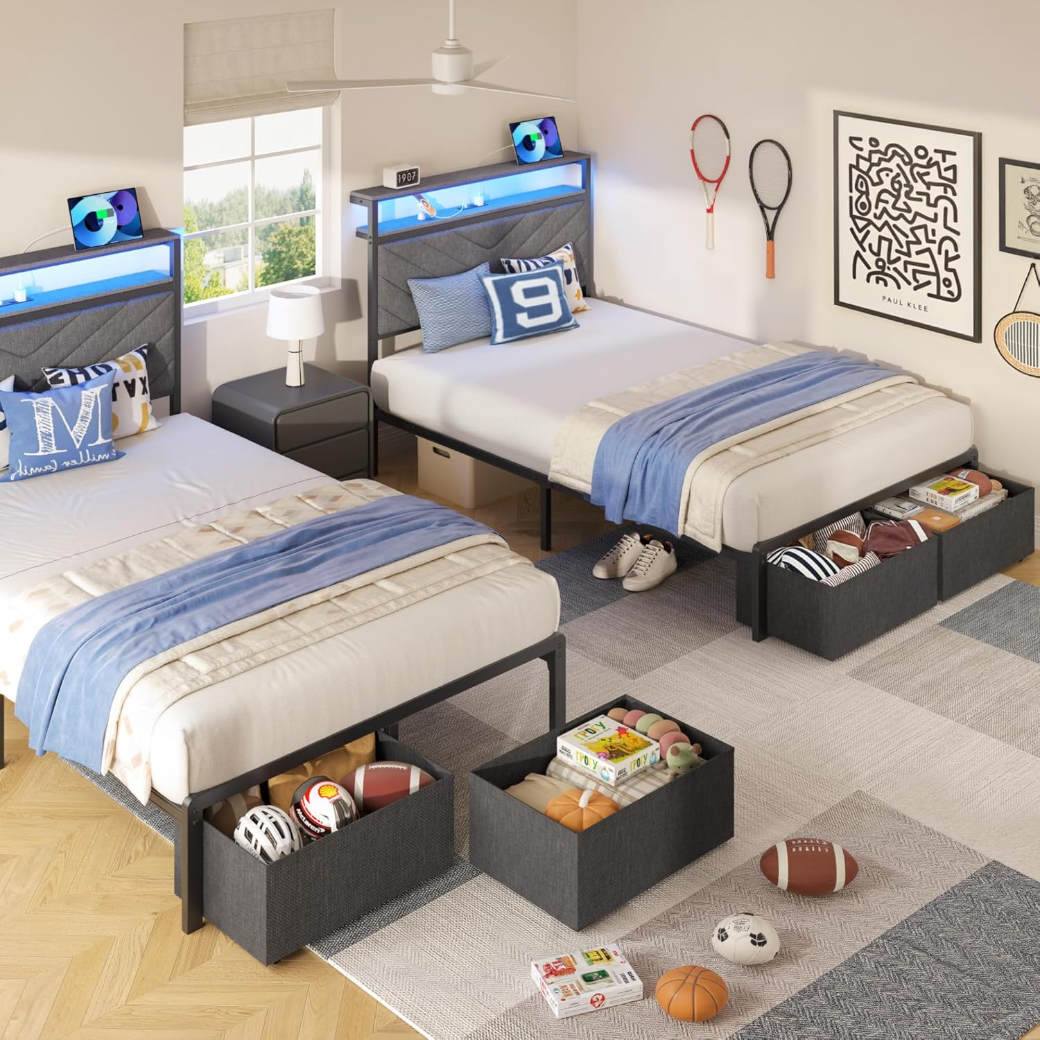 Twin Bed Frame with Charging Station, LED Lights & 2 Storage Drawers, Grey Platf