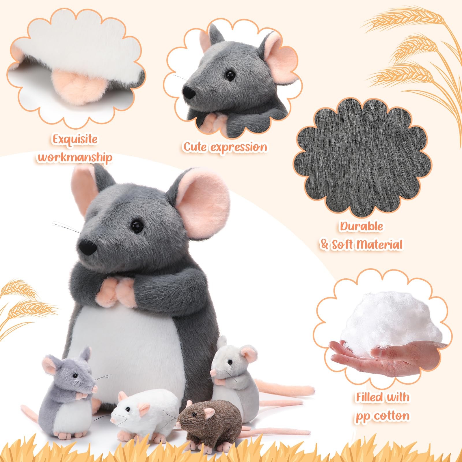 Arrowbash 5-Pc Mouse Stuffed Animals Set - 14" Mommy Rat Plush & 4 Small