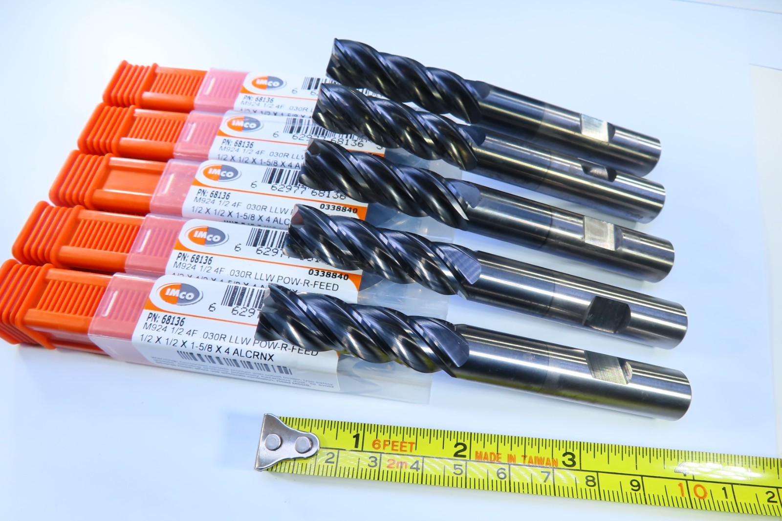 LOT ( 5 PCS )  IMCO 1/2" POW-R-FEED CARBIDE 68136 END MILLS 4 FLUTE .030" RADIUS