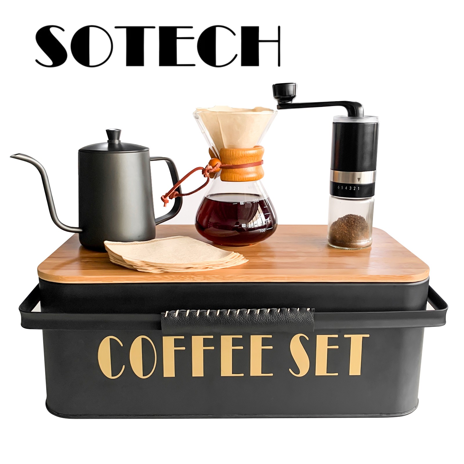 SOTECH Camping Pour Over Coffee Kit Grinder Kettle Portable Storage Box Travel G